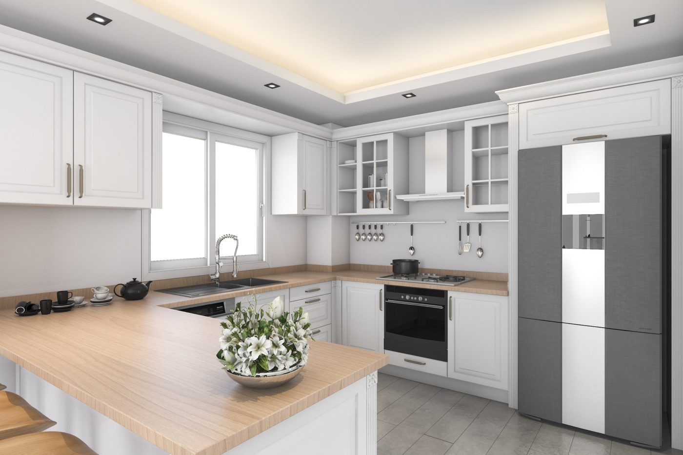 3d rendering classic design white kitchen and dining room