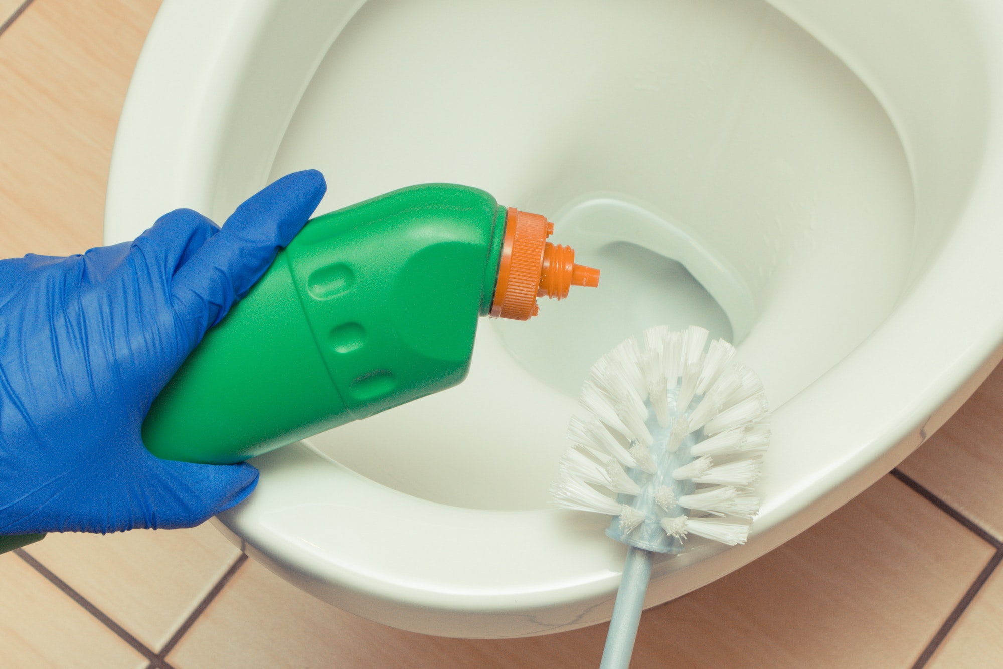 Hand of cleaner using domestic detergent and accessories for cleaning toilet. Household duties