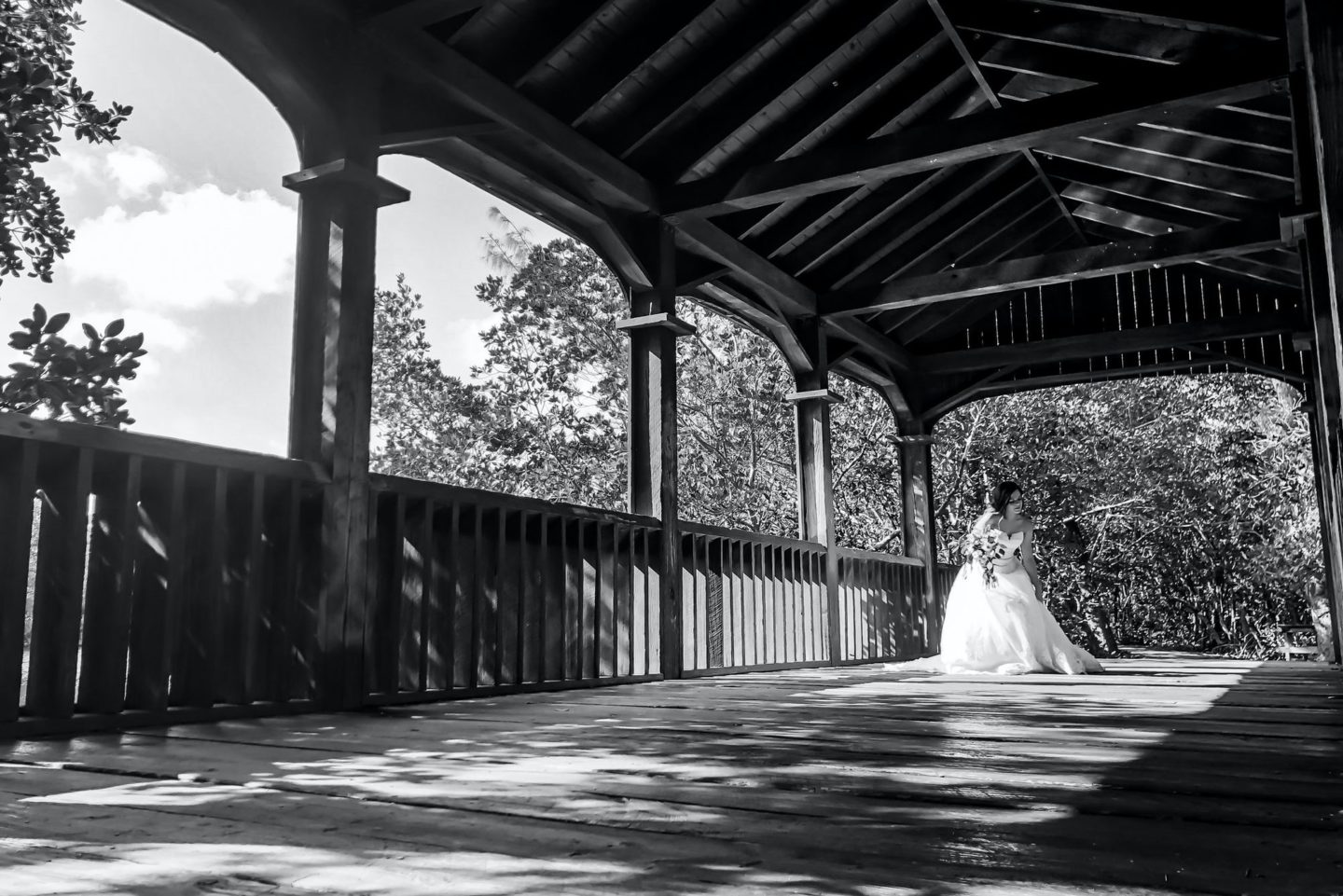 A black and white picture of a beautiful bride to be