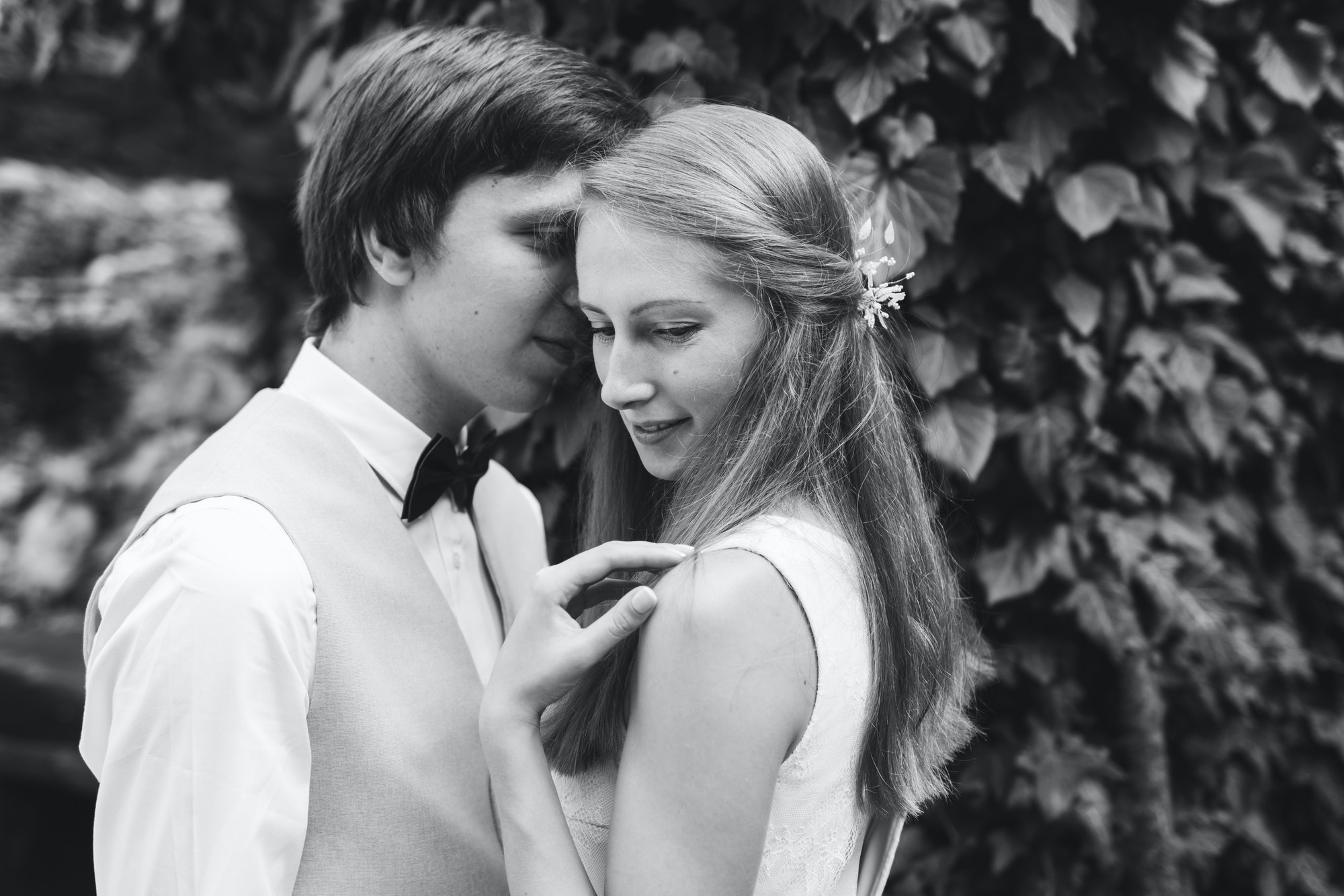 Black and white portrait of a bride and groom