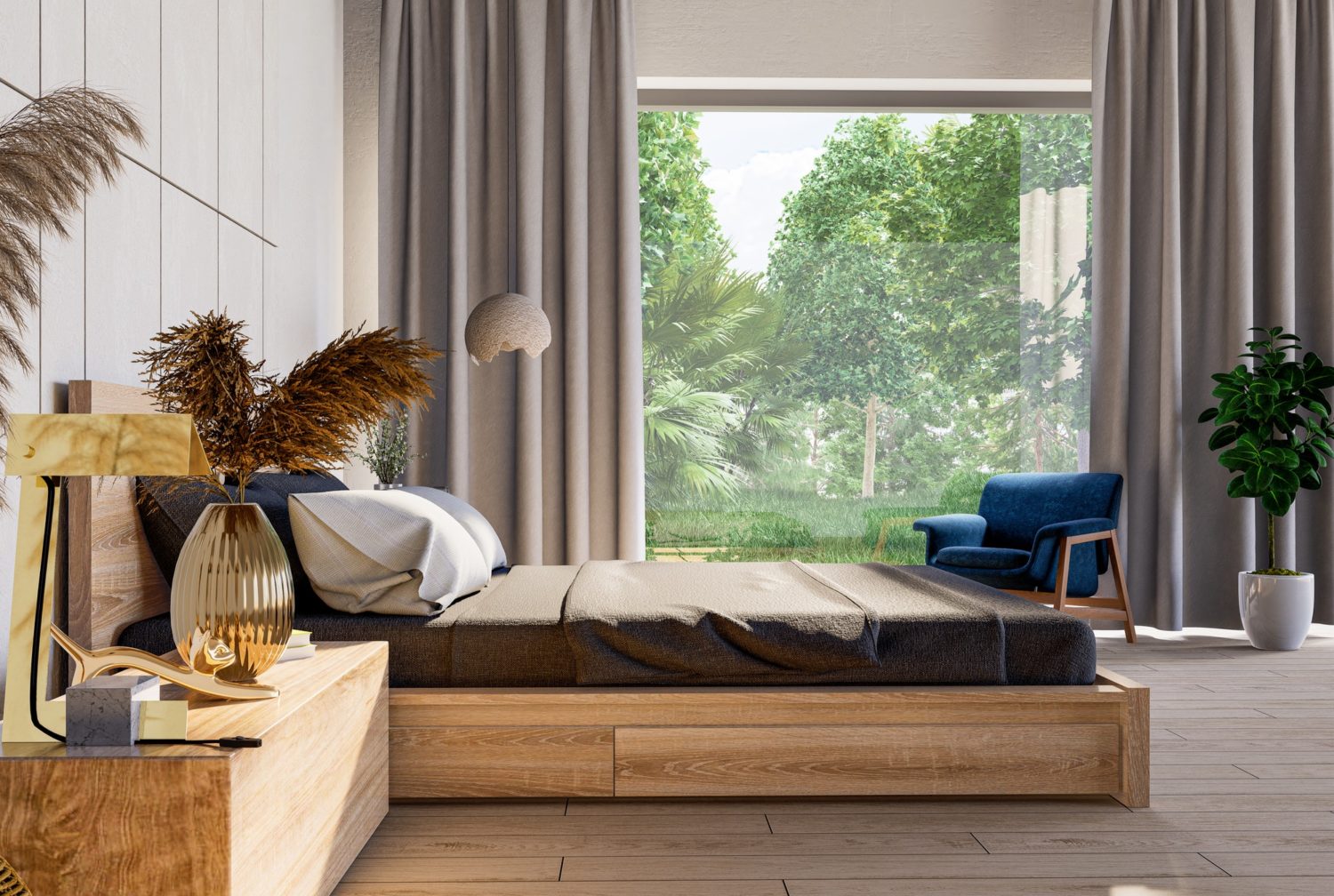 Bedroom interior and living area on nature mockup.
