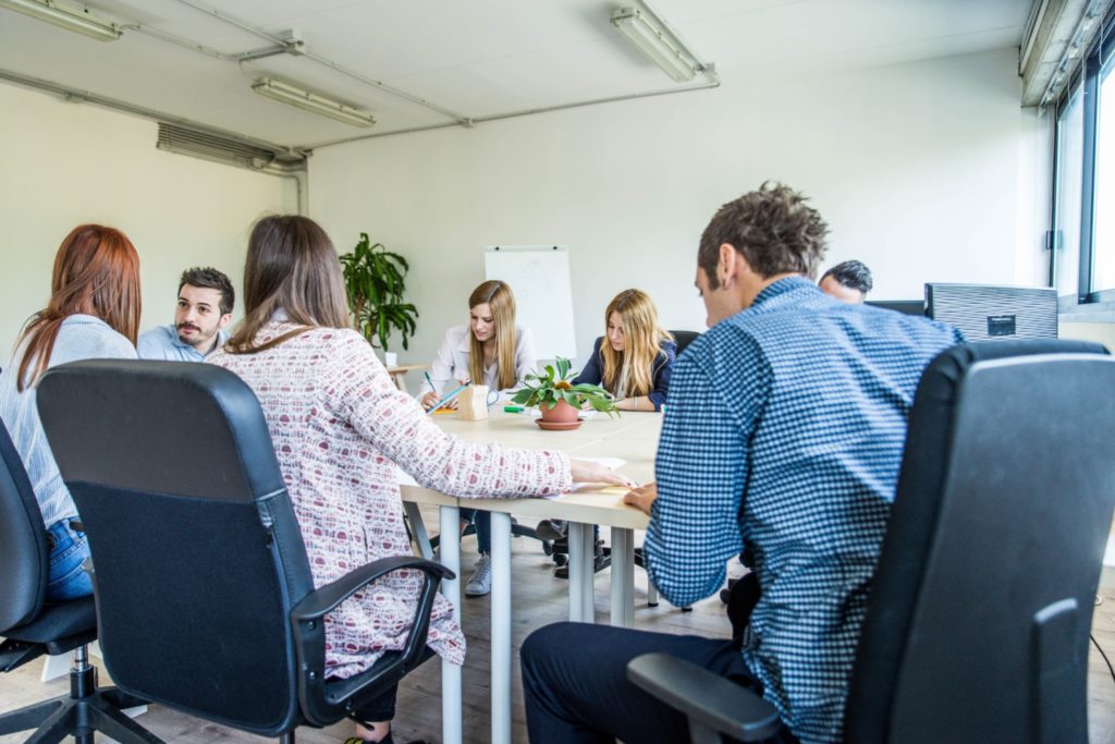 Brainstorming in a startup office