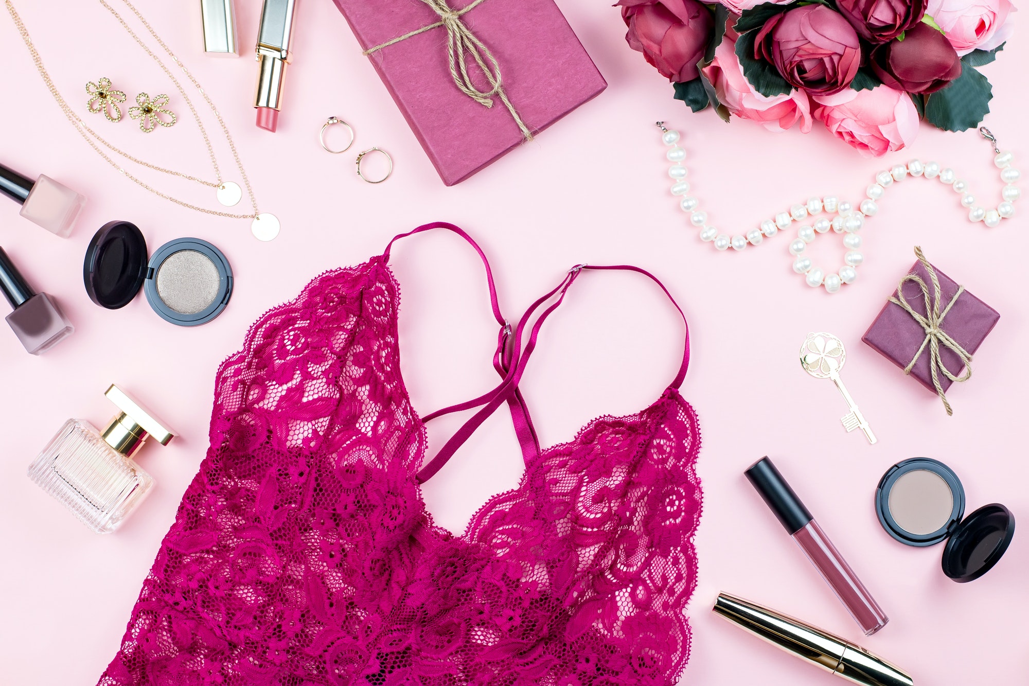 Fashion flat lay with lingerie and cosmetics